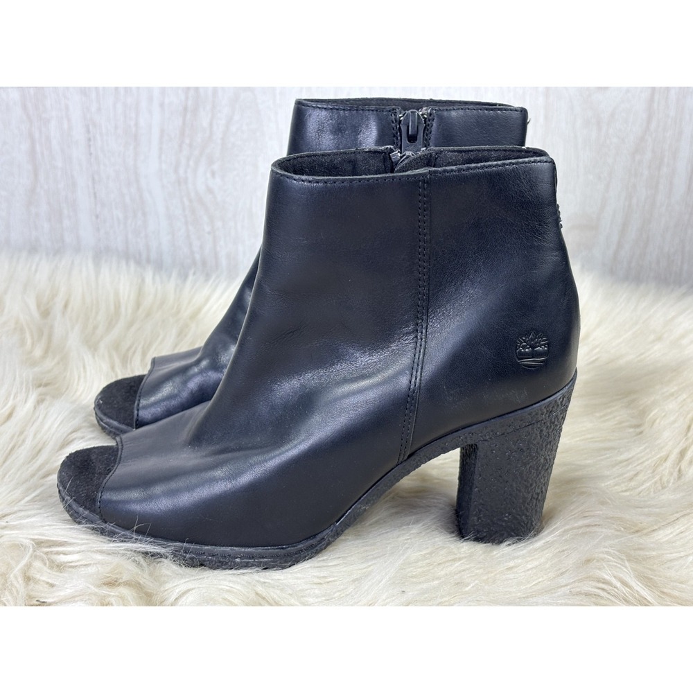 Timberland Tillston Womens 7.5 Black Leather Peep Toe Block Heel Booties A1OYR